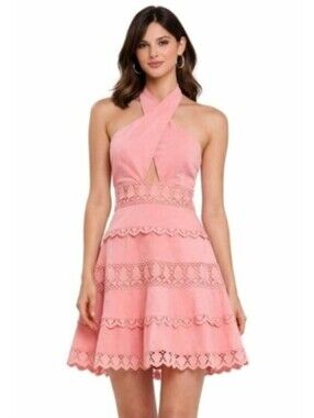 NWT Endless Rose Peach Halter Neck Lace Trim Mini Dress